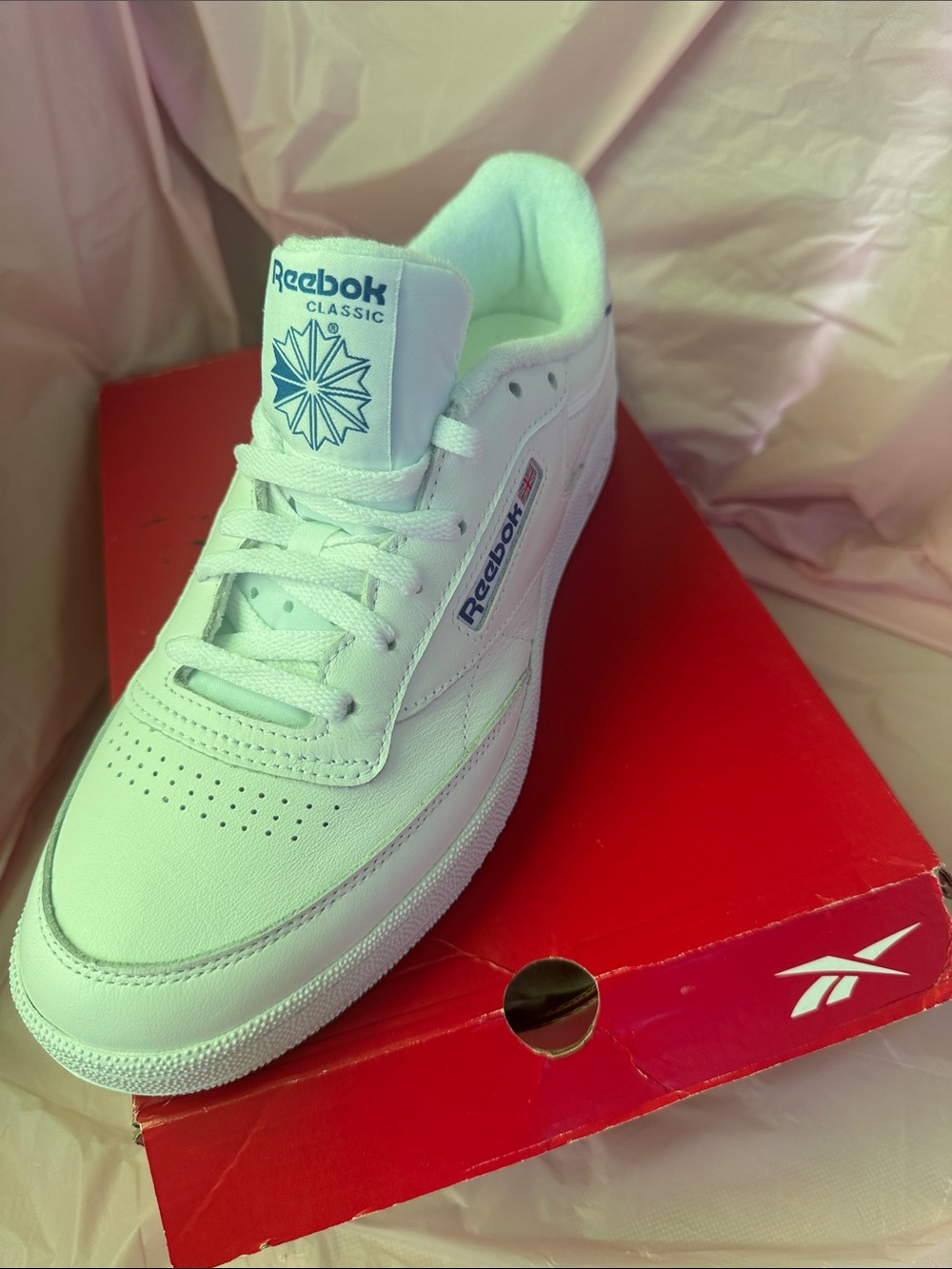 Reebok White Classic Leather Sneaker with Blue Logo